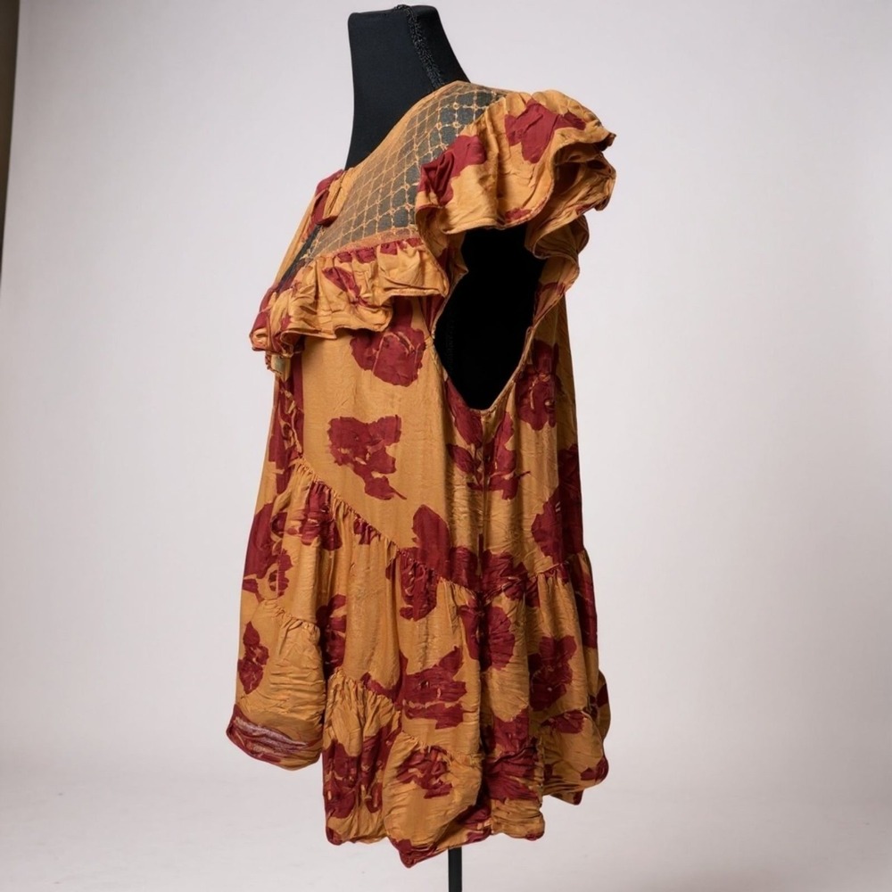 Free People Tilly Printed Tunic Dress Medium Summer Coral & Burgundy Boho - Picture 6 of 9